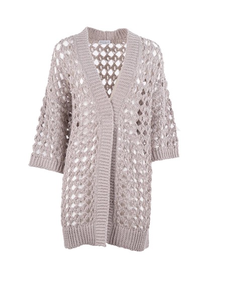 Shop BRUNELLO CUCINELLI  Cardigan: Brunello Cucinelli mesh cardigan in jute and cotton.
Horn button closure.
Ribbed knit cuffs and bottom.
Mesh work.
Composition: 55% JUTE, 35% COTTON, 10% POLYAMIDE.
Made in Italy.. M3Y371006-C9593